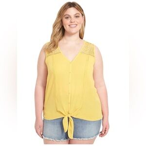 Lane Bryant Womens Tie Front Blouse Lace Detail Yellow Faux Button Up Size 20